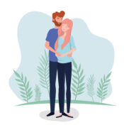 cute lovers couple pregnancy characters in the landscape vector illustration design